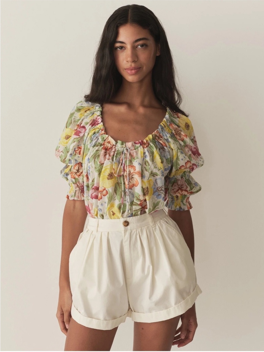 Doen Inez Floral Puff-Sleeve Peasant Organic Cotton Top Pastel size XS